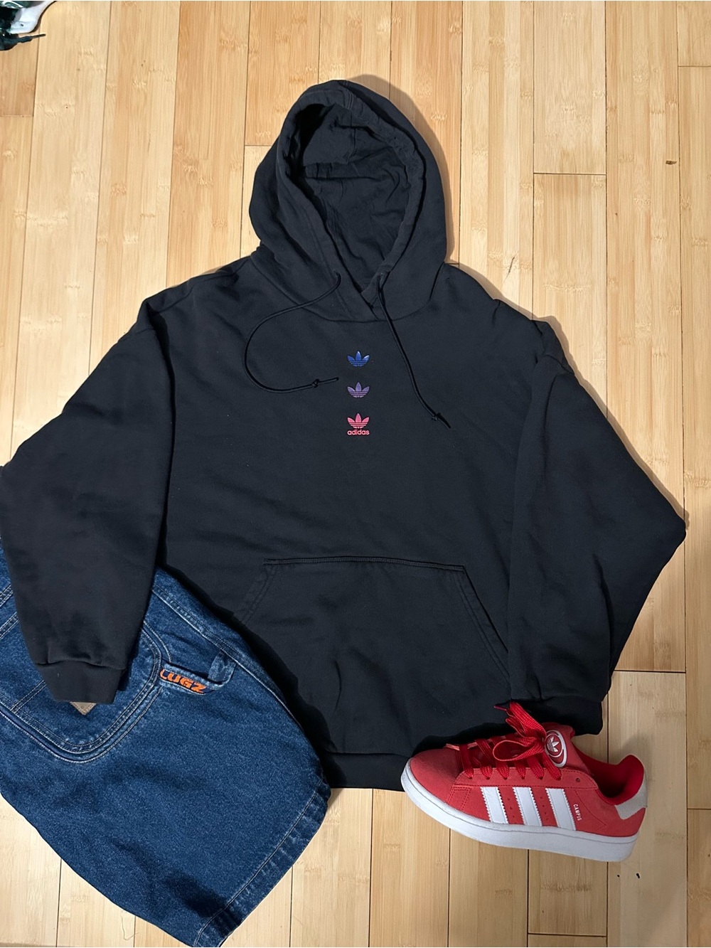 adidas Black Hoodie with Blue, Purple & Pink Trefoil Logos